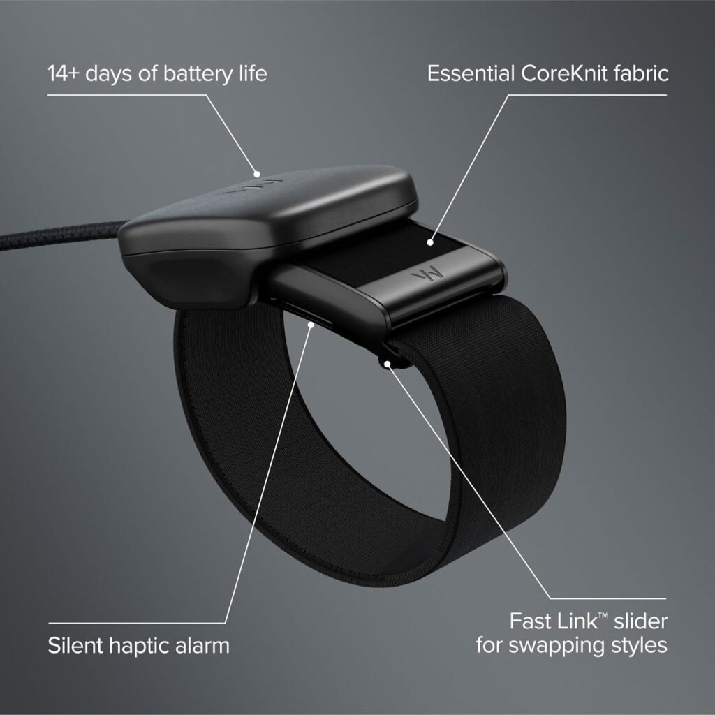 Compare WHOOP Trackers: black activity band with 14+ days battery, CoreKnit fabric, vibrating alarm, and quick-swap Fast Link™ mechanism.