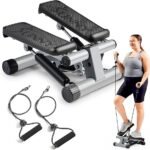 A woman using 2 Best Compact Stair Steppers for Home Gyms at home during an online fitness session, perfect for small-space workouts.