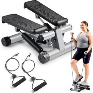 A woman using 2 Best Compact Stair Steppers for Home Gyms at home during an online fitness session, perfect for small-space workouts.