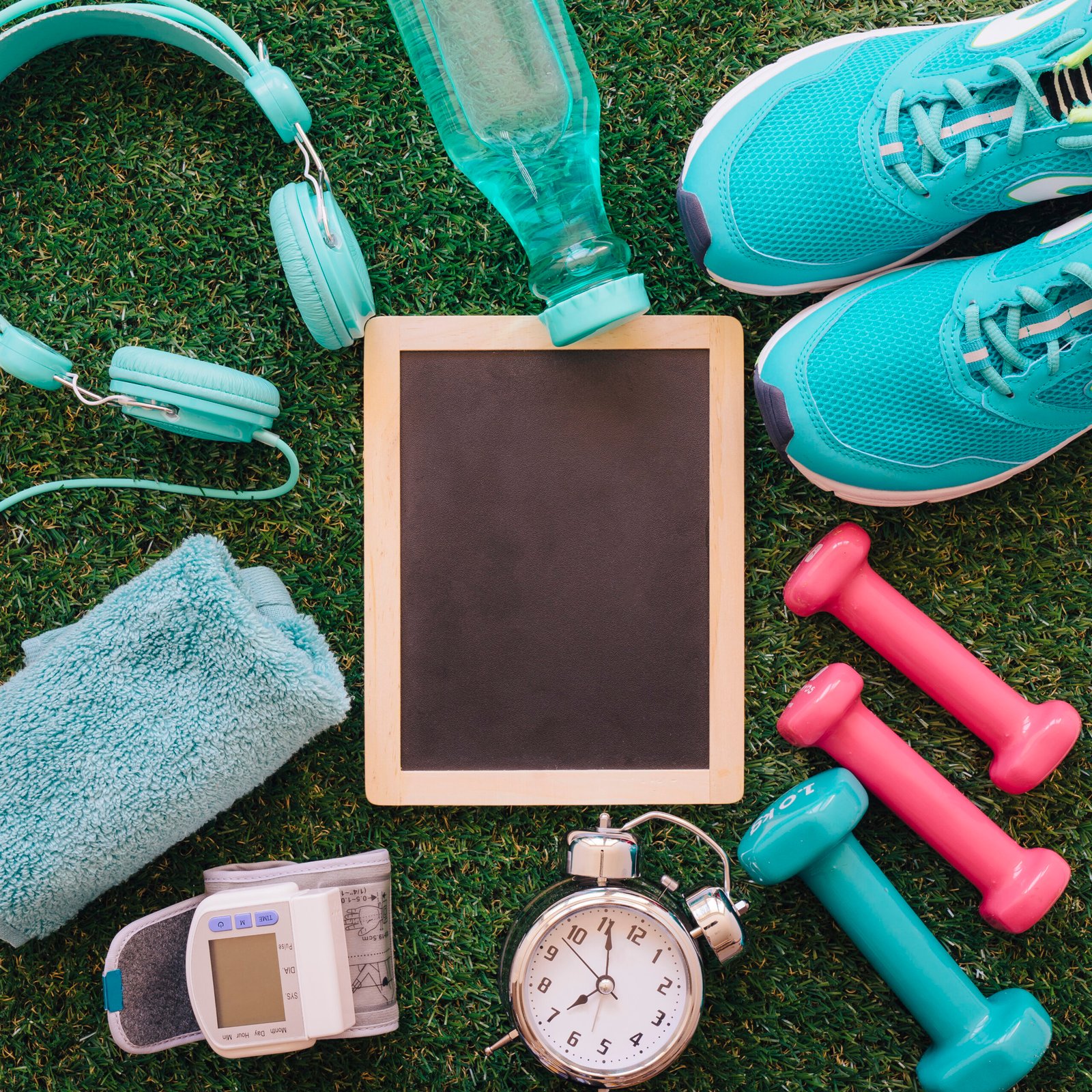 Home 8 Flat lay of smart fitness tools for daily home workouts